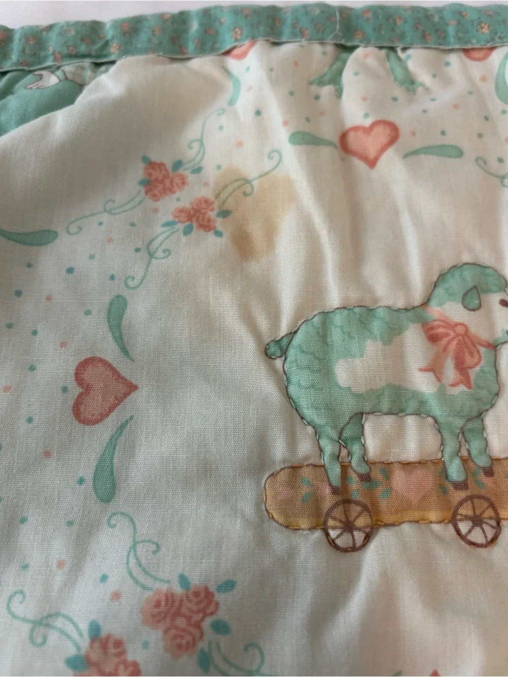 Vintage Hand Stitched Baby Quilt Blanket Mint Green Coral Baby Doll Animals